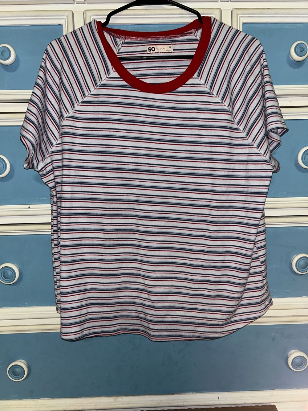 SO Red-Trim White Multi-Stripe Short Sleeve Tee